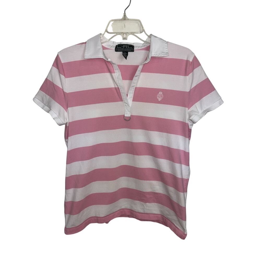 Y2K Lauren Active Ralph Lauren Pink White Stripe Polo Crest Preppy Golf L